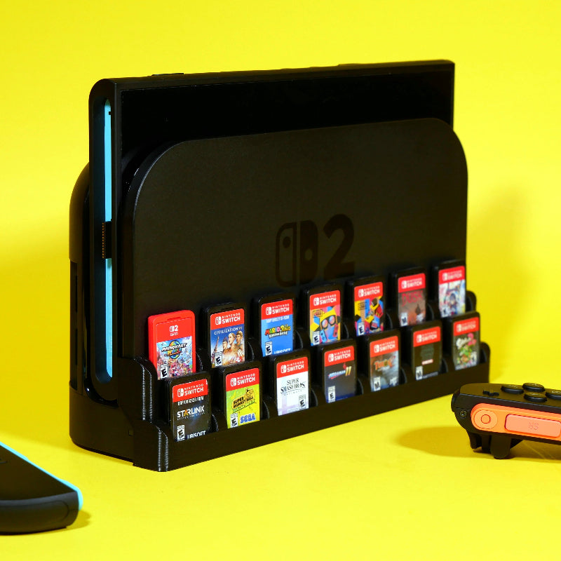 Switch 2 in dock with game storage addon 24 slot angled