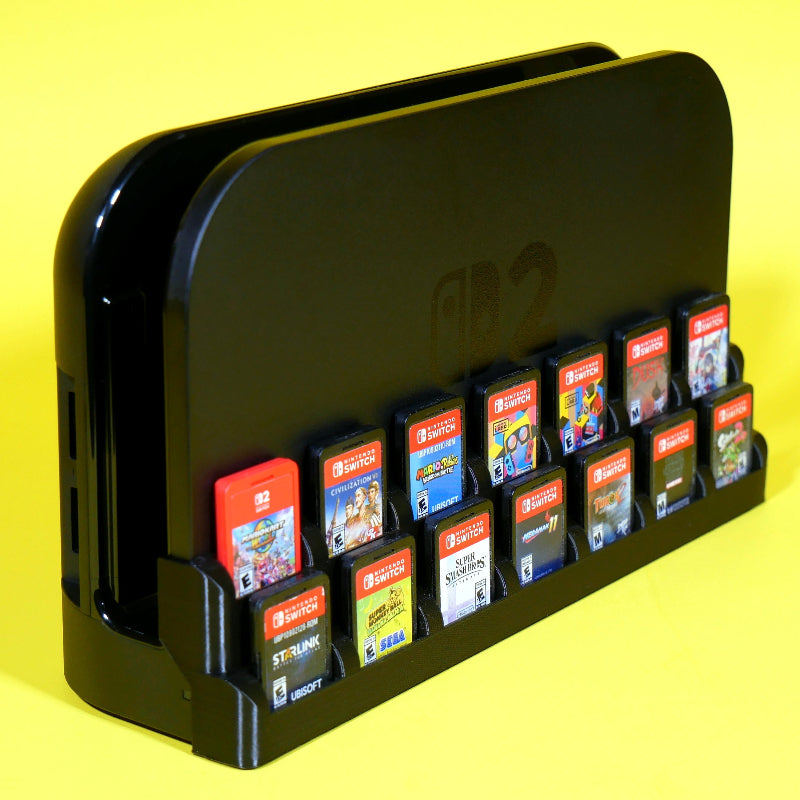 Switch 2 dock with 24 slot game storage addon with games and installed on the dock