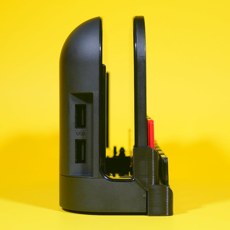 Switch 2 dock addon side view installed on Switch 2 dock