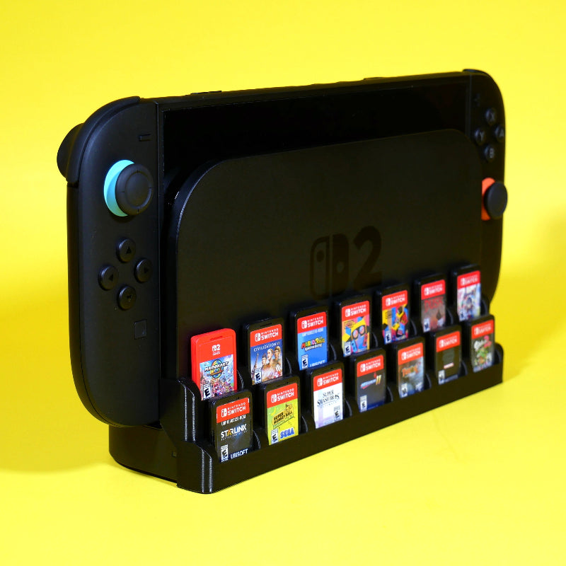 Switch 2 dock front angled view with system and games installed on dock