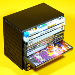 Wii, GameCube, and Playstation 2 games being stored in a modular stackable organizing tower