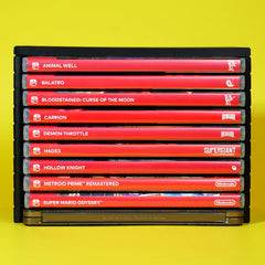 Nintendo Switch game cases stored in a modular stackable organizing rack